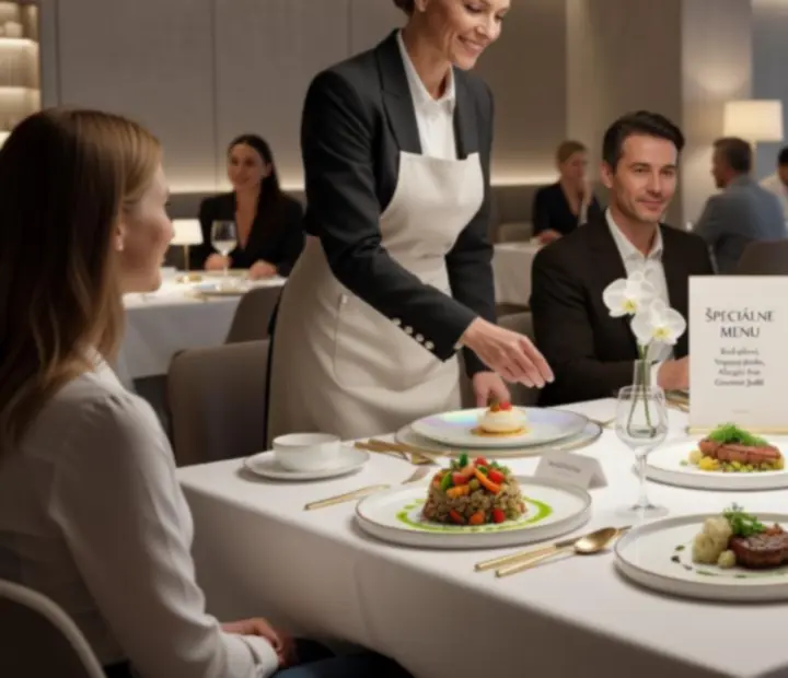 Detail elegantne servírovaného degustačného menu prispôsobeného špeciálnym požiadavkám