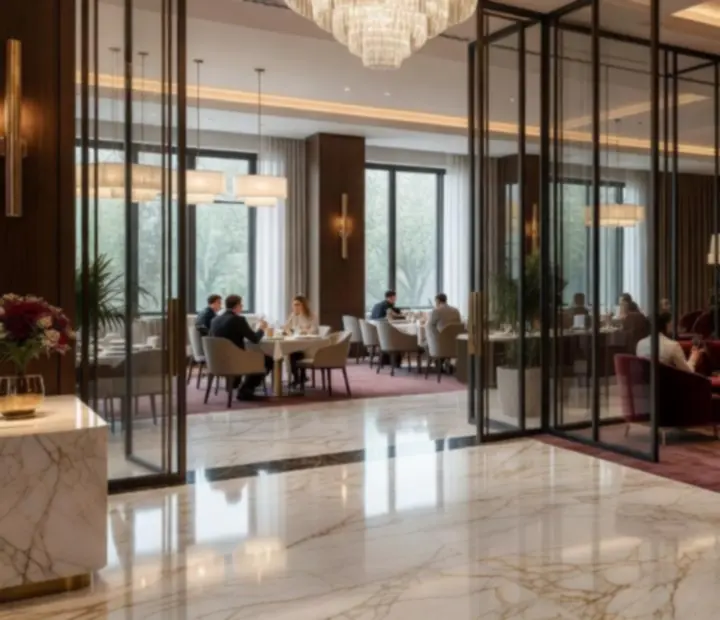 Elegantný lounge MajesticVenuue s hosťami pri koktailoch a večeri