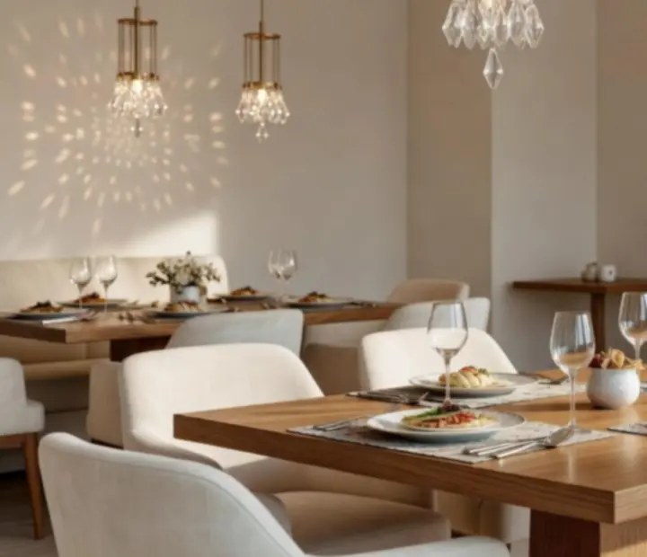 Moderný interiér gourmet zóny reštaurácie MajesticVenuue v odtieňoch perleťovo bielej a šampanského zlata