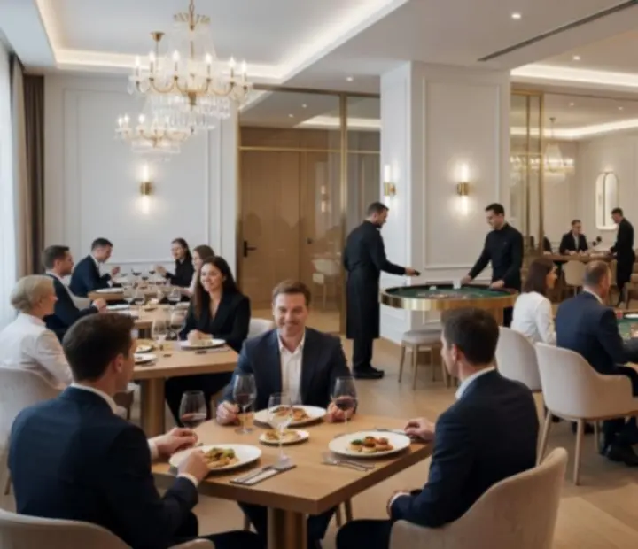 Panoramatický pohľad na modernú reštauráciu s kasíno lounge v MajesticVenuue