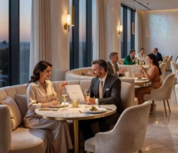 Luxusná reštaurácia MajesticVenuue so súčasným interiérom a elegantne prestretými stolmi
