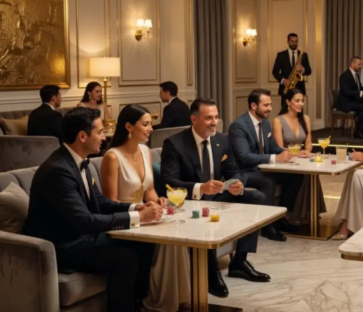 Štýlová kasíno lounge s hosťami počas večernej zábavy v MajesticVenuue