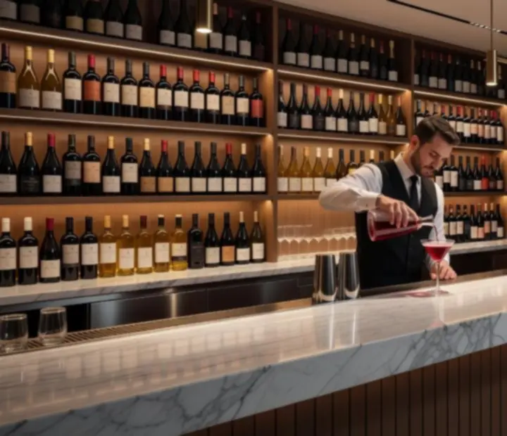 Vinotéka a elegantný koktejlový bar v reštaurácii MajesticVenuue s podsvieteným regálom vín